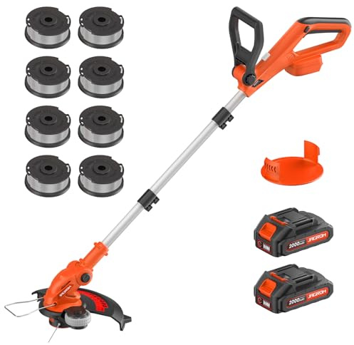 JAGROM Electric String Trimmer Cordless with 2x2.0Ah Battery, 20V Battery Powered 12-inch Lawn Mover & Edger Lawn Tool with Charger, Powered Grass Trimmer with 8pcs Spool Line for Yard, Garden, Orange