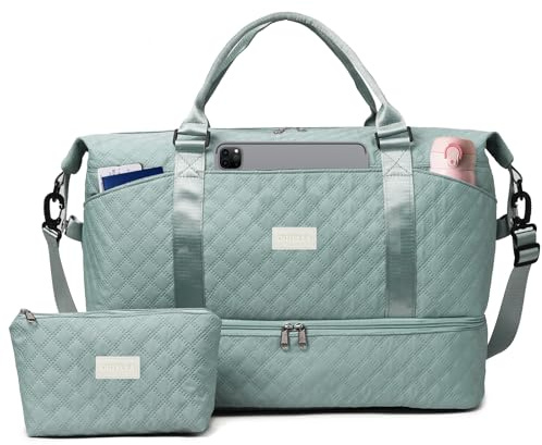 Outplea 50L Bolsa de Viaje Grand Mujer Niña, Bolsas Deporte con Compartimento para Zapatos & Bolsillo Húmedo, Bolsa Maternidad con Neceser Impermeable para Fin de Semana, Azul