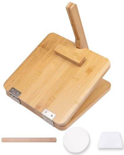Premium Wooden Tortilla Press（Square 10),Tortilla Maker Press Set with 50 Pieces Parchment Paper, Rolling Pin,Dough Scraper,Easy to Use and Clean,Durable and Solid.