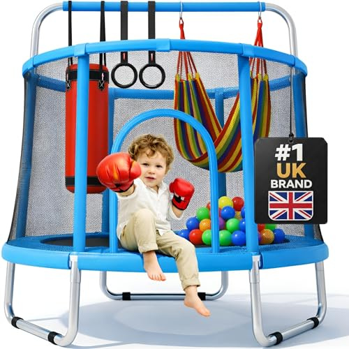 Happin® 55 Kids Trampoline, Trampolines for Toddlers Ages 2-6 with Safety Enclosure Net, Swing, Punching Bag & Rings, Indoor & Outdoor, Small Trampoline for Kids for Boys & Girls