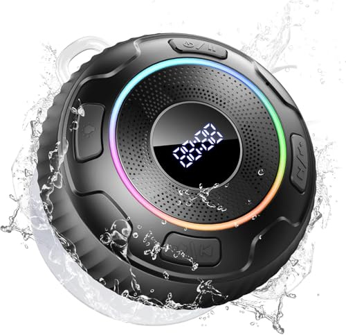 Hupoaf Shower Speaker Bluetooth 5.3, 2025 IP7 Waterproof Speaker, Portable Speaker with Deep Bass, 6D HIFI Stereo, Outdoor Speaker Weatherproof, 10H Playtime, RGB, for Bathroom, Travel, Pure black