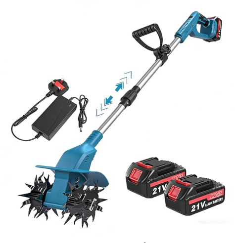 21V Cordless Tiller Cultivator, Cordless Garden Rotavator 2 Battery, 22cm Tilling Depth, 30CM Tilling Width, 300rpm Rechargeable Lawn Scarifier for Soil Cultivation Lawns Gardening