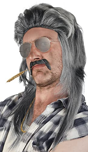 SET di: Parrucca Vokuila + Barba + Catena d'Oro + Occhiali da Pilota Argento - Parrucca Vokuhila Proll Bionda Brunetta Grigia Nera Anni 80/90 (Grigio/Nero + Barba + Catena d'Oro + Occhiali da Pilota)