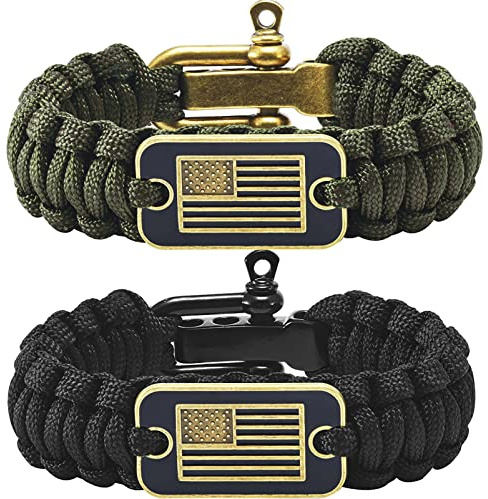 Onewly Paracord Bracelets with Bronze USA Flag - Gifts for Military Veterans with Tactical Survival Bracelet - Pulseras Para Hombres - Bracelets for Men (Black+Green, M(8.2-9.2in))