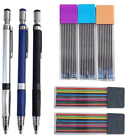 WUDQIJI 3 stycken tryckpennor set 2,0 mm mekaniska blyertspennor påfyllningspenna set med 2 lådor färgade och 3 lådor svarta påfyllningar för ritning och skrivning