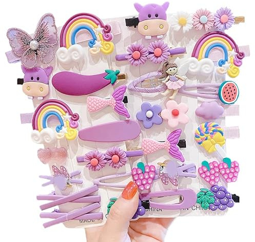 28 Piezas Lindas Pinzas para el Cabello Moda Niñas Accesorios para el Cabello Flor Fruta Colorido Arco Iris Dulce Postre Conjunto de Lindas Pinzas para el Cabello Animal Clips de Metal (Púrpura)