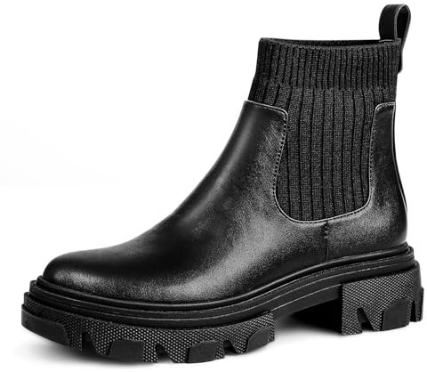 PIZZ ANNU Stiefeletten Damen Elegant Chelsea Boots mit Dicker Sohle Classic Winter Stiefel Basic Biker Boots EU 37 Schwarz