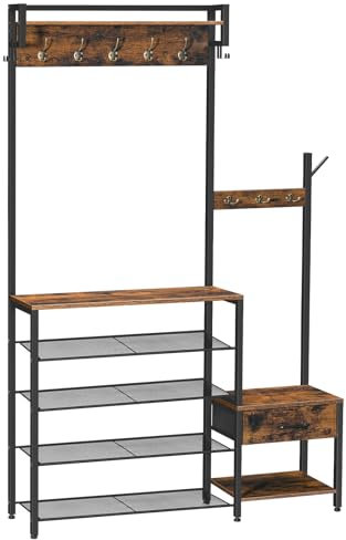 HOOBRO Hall Tree, Entryway Coat Rack Shoe Bench, Shoe and Coat Rack for Entryway, Hall Tree Coat Rack, with Non-Woven Fabric Drawer, for Entrance, Foyer, Rustic Brown and Black BF113MT01