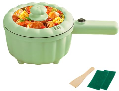Tuzsocr Electric Frying Pan with Steamer,2L Non-Stick Electric Pan for Sauté,Pumpkin Shaped Electric Hot Pot,Multifunction Portable Travel Cooker,for Ramen Noodles/Pasta/Egg/Oatmeal (Green)