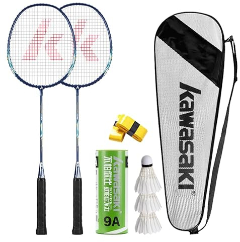 Kawasaki Badminton Schläger Set 2, Leichtgewicht Profi Badmintonschläger mit 3 Federbälle, 1 Schlägertasche, 2 Federballschläger für Sport und Unterhaltung - Blau