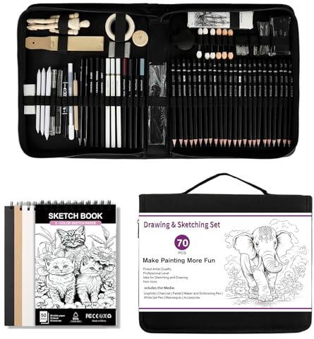 USHOP Ensemble de dessin de 70 pièces,Kit Crayon Dessin avec,Kit Dessin Professionnel,avec cahier de croquis à 3 couleurs,crayons graphite,pastels,pour Enfants Adultes Professionnels,Débutant