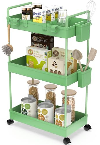 Ronlap Rollwagen Küchewagen mit 3 Ebenen, Servierwagen mit Aufhängebecher, Separator, Haken, Regal auf Rollen für Küche, Schlafzimmer, Büro, Grüner