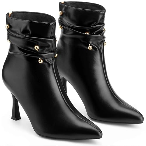 Perphy Women Faux Leather Pointed Toe Stiletto Heel Slouch Ankle Boots | 3.5-inch heel. Back zip closure. Rivet decor. Pointed toe. For party, dating, shopping, formal events