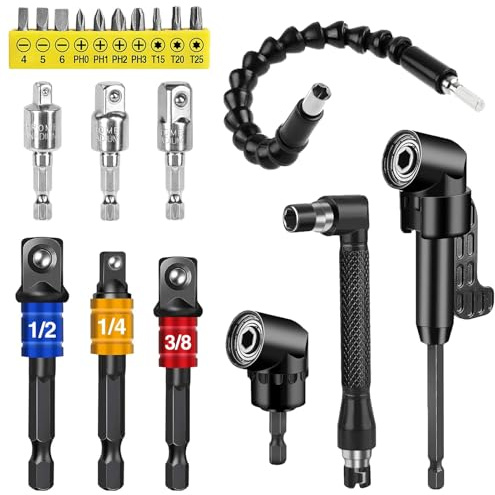 Set di Accessori Angolari 105° - 20 Pezzi per Avvitatore con Albero Flessibile, Prolunghe e Adattatore, per Avvitatore a Batteria e Trapano Angolare Elettrico