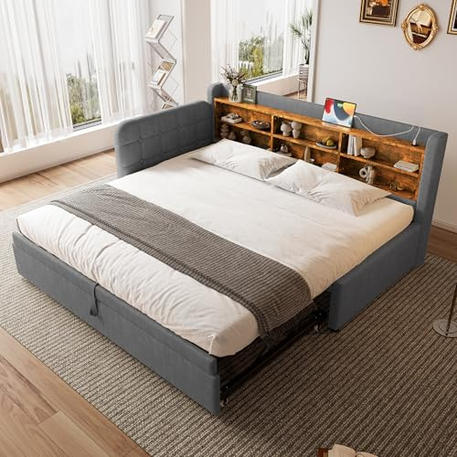 Zravenna Schlafsofa Polsterbett 90x200 mit Ausziehbett gleiche höhe und mehrere Ablageflächen, Einzelbett ausziehbar zum Doppelbett, Daybed mit Lattenrost, Leinen (C-Grau, 90cm*200cm)