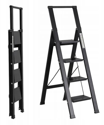 Brigros - Scala Piatta per uso domestico, Scalita la rivoluzione delle scale, in alluminio, Super Leggera, Ultra piatta, Facile da conservare e traportare, non occupa spazio (Nero - 4 Gradini)