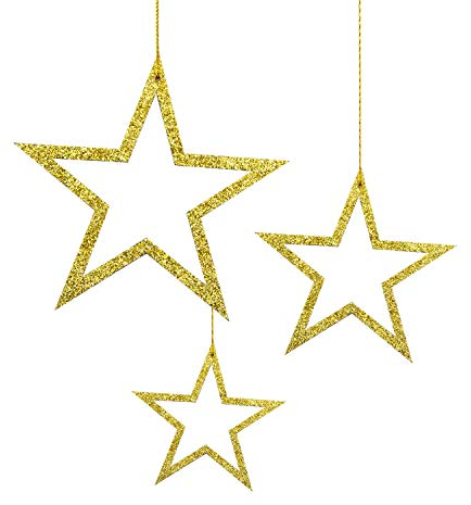 Oblique Unique® 3 Holz Sterne mit Glitzereffekt und Schnur für Weihnachten Weihnachtsbaum Christbaum Anhänger Christbaumschmuck Weihnachtsdeko Holz Deko - Farbe wählbar (Gold)