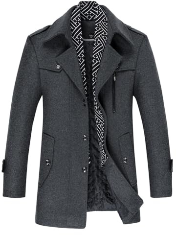 Allthemen Vinter kort trenchcoat för män ulltrenchcoat tjock tunn överrock parkas windbreaker jacka kavaj, Grå, XXL