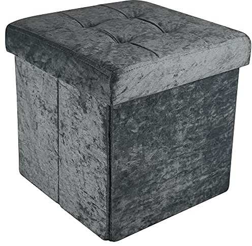 INTIRILIFE Faltbare Sitzhocker 30x30x30 cm in Samt Grau - Sitzwürfel mit Deckel und Stauraum aus Stoff mit Mulden - Sitzcube Fußablage klappbare Aufbewahrungsbox Truhe Sitzhocker