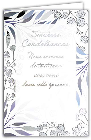 AFIE 64-1078 Carte Sincères Condoléances avec Enveloppe Blanche - Décès et Deuil - Cérémonie Funéraire - Texte Argenté Qui Brille Feuilles Fleurs - Fabriquée en France