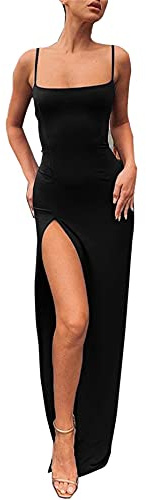PRIMODA Women's Spaghetti Strap Bodycon Maxi Dress Long Formal Thigh-high Slit Club Wedding Guest Dress(Black M)