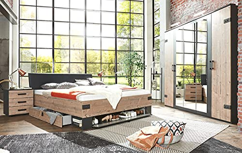 PEGANE Chambre à Coucher complète Adulte (lit 160 x 200cm + 2 chevets + Armoire) Coloris Imitation chêne/Gris foncé