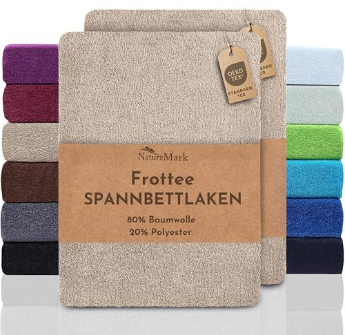 NatureMark frotté spännlakan 2-pack – mjuk och andas, hudvänlig, praktisk och lättskött, hållbar, 80 % bomull och 20 % polyester, 90 x 190 cm – 100 x 200 cm, sand/beige