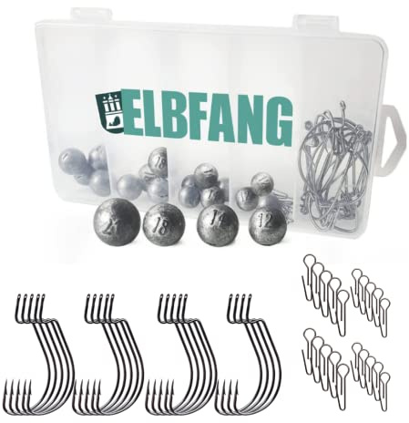 ELBFANG Kit Cheburaschka | 60 pièces avec boîte (12 g/14 g/18 g/21 g/) | Avec 20 crochets offset | Set de têtes plombées Texas Rig