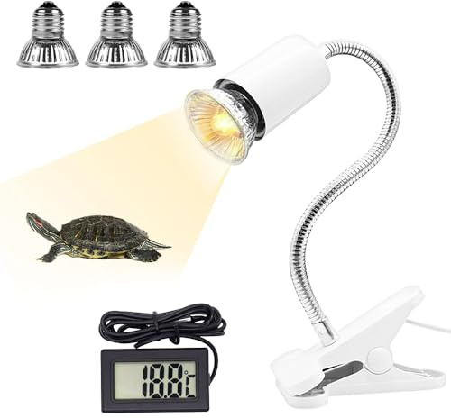 Fivtsme Lámpara para Tortugas, Lámpara de Calor Para Reptiles y Terrarios, 360° Rotación Lámpara de Calor Reptil Anfibioss, 3 Bombillas de Diferente Potencia y 1 Termómetro (25W,50W,75W)