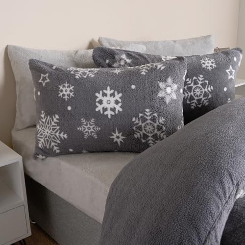 OHS Christmas Bedding Double, Super Soft Warm Thermal Winter Snowflake Teddy Fleece Duvet Set Double Comfy Cosy Quilt Christmas Double Duvet Set with Pillowcases, Grey