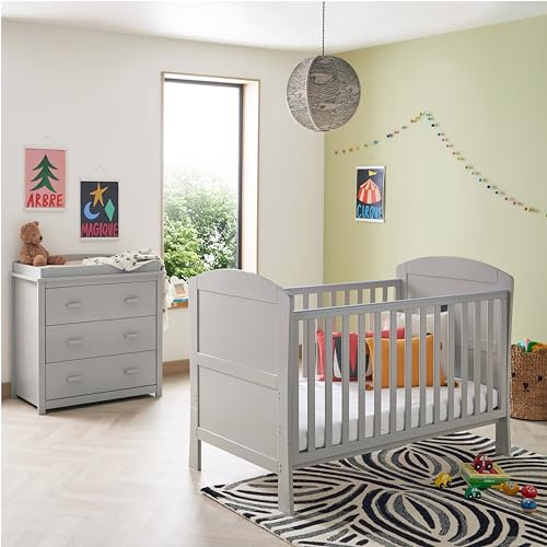 Babymore Aston 2 Piece Nursery Room Set Grey - 1 Baby Cot Bed & 1 Chest Changer With 3 Double Handle Drawers, Wooden Chest Of Drawer Storage Cabinet | 2 Piece Aston Nursery Room Furniture Set Grey