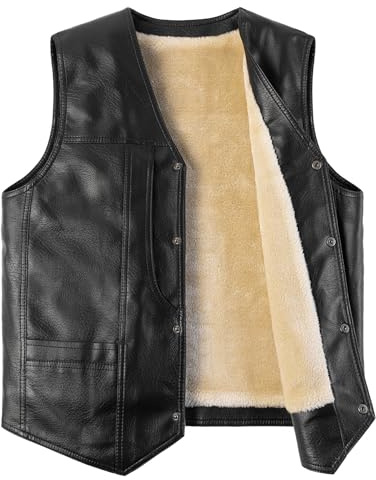 Harbrosrce PU-läder väst för män fleece fodrad motorcykel väst vintage retro läder gilet cyklist varm vardaglig v-ringad ärmlös jacka, Khaki, XL