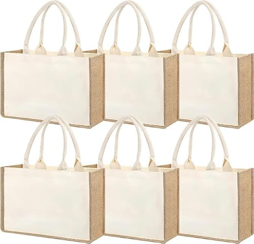 Lot de 6 sacs fourre-tout réutilisables en toile de jute avec poignées, résistant à l'eau, sac d'épicerie en toile pour mariage, demoiselle d'honneur, shopping, bricolage - 33 x 20 x 11 cm, Blanc,