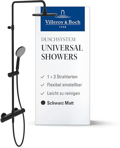 Villeroy & Boch Universal Showers Duschsystem – Regendusche mit Thermostat und Handbrause – 3 Strahlarten – Flexibler Handbrausehalter – Pflegeleichtes, leicht montierbares Duschsystem – Matt Black