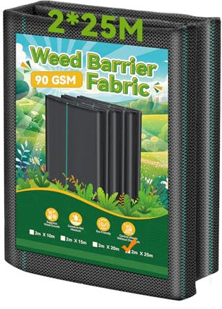 Domusensus 2m x 25m Heavy Duty Weed Control Membrane Garden 50㎡ Weed Control Barrier Fabric Landscape for Vegetable Garden, Garden, Water Permeable Fabric,Black Woven Ground Cover
