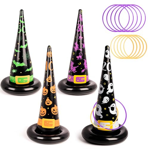 Inflatable Witch Hat Ring Toss Game - 4pcs Halloween Toss Game Set with 10 Rings for Kids & Adults Indoor/Outdoor Fun