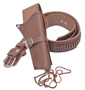 Brown Leather Single Gun Holster Belt with Silver Brass Buckles, Genuine Single Holster for Revolvers Adjustable Fit 34”–52”, Bullet Loops, Western Cowboy Style, Unisex for Adults (34-36)