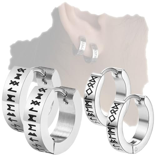 COYUN 2 Paar Mode Punk Ohrringe Creolen, Wikinger Ohrringe Männer, Wikinger Hoop Ohrring Herren, Amulett Schutz Schmuck Edelstahl Herren Ohrstecker mit Runen, für Herren Damen, Weihnachten Geschenk
