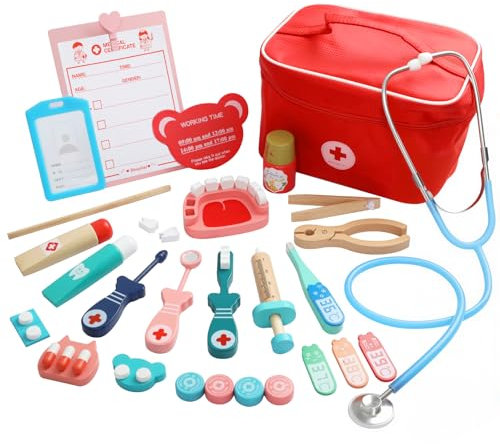 Arztkoffer Kinder Holz, RDTOK 21-teiliges Doktorkoffer Kinder mit Echtem Stethoskop Thermometer, Spritze, Arztkoffer Geschenk für Rollenspiele Spielzeug ab 3 Jahren