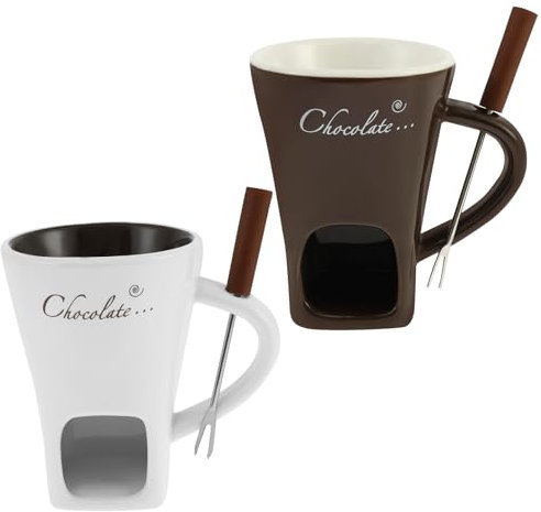 2Pcs Chocolate Fondue Mug Sets with Fork Ceramic Chocolate Melting Cup Mug with Candle Cave and Fork Hole Sweet Fondue Cup Kit Present for Cheese Butter Candy Snack Caramel (2Pcs Set（2 Cups+2 Forks）)