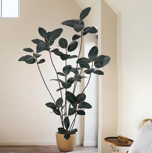 Fsslower Artificial Rubber Tree 7FT with 68 Glossy Leaves & 10 Heads & Black Pot Realistic Tall Large Faux Tropical Lifelike Ficus Elastica Plant 84 Inch for Indoor Home Office Corner Modern Decor