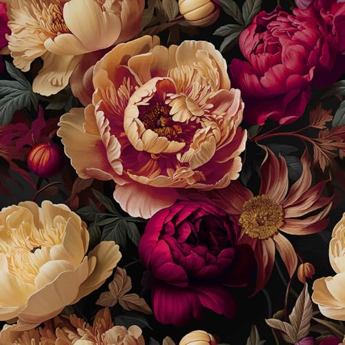 CRE8TIVE Papier peint autocollant jaune fleurs rouges film noir avec grandes pivoines peinture à l'huile vintage pour salon, chambre à coucher, film pour meubles, plan de travail, armoire, cuisine