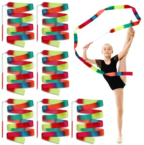 Cokaca 7 stycken gymnastikband med stång, 2 m dansband med stav för barn – färgglada dansband för barndans, rytmisk sportgymnastik, fysisk träning, talangshow, kul för flickor och pojkar