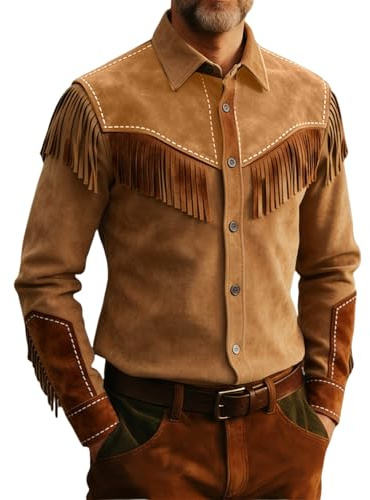 Veste de cowboy occidental en cuir pour homme - Manches longues - Chemise à franges élégante rétro boutonnée - Coupe ajustée - Chemise western - Costume de carnaval - Vintage - Veste à franges - Veste