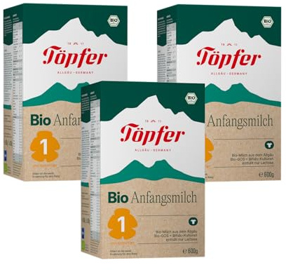 Töpfer Bio Anfangsmilch 1 – Säuglingsanfangsnahrung ab Geburt – mit GOS & 4 Bifido-Kulturen (Probifido®) – ARA & DHA aus Algenöl – aus Allgäuer Bio-Milch – 3x600g