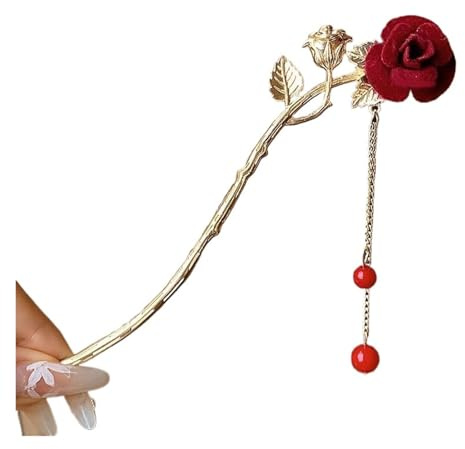 Hårpinne rosenblad hårnål med tofsar, kinesiska bröllopssmycken för kvinnor, gyllene metallpärltiaror, retrohuvudbonad för kvinnor (Color3)