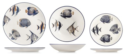 H&H Harbor Servizio Tavola 18 Pezzi in Stoneware Decorato, Set Piatti Completo per 6 Persone, Design Marino con Decorazione Pesci, Ideale per Estate, Case al Mare, Lavastoviglie e Microonde