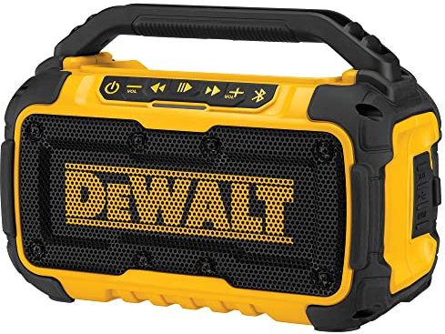 DEWALT 20V MAX Bluetooth Speaker, 100 ft Range, Durable for Jobsites, Phone Holder Included, Lasts 8-10 Hours with Single Charge (DCR010)
