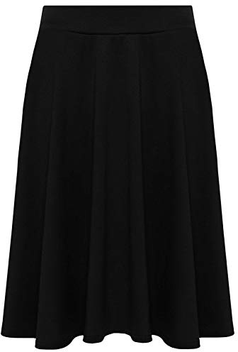 Womens Plain Soft Stretch Ladies Elasticated Waistband Knee Length Full FLA Swing Skater Midi Skirt (Black, UK - 22/24)