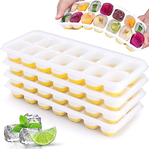 JRISBO 4 Pezzi Stampo Cubetti di Ghiaccio con Coperchio, Formine Cubi Ghiaccio Silicone 100% Senza BPA Certificato LFGB, Impilabili Vaschette Ghiaccio per Cocktail, Facili da Rilascio